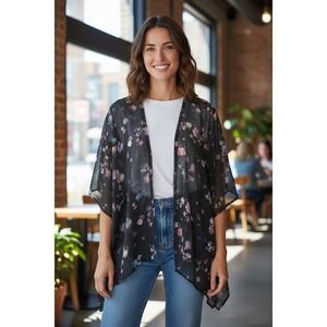 Arizona Jean Co Black Floral Print Open Front Kimono Top Medium Large